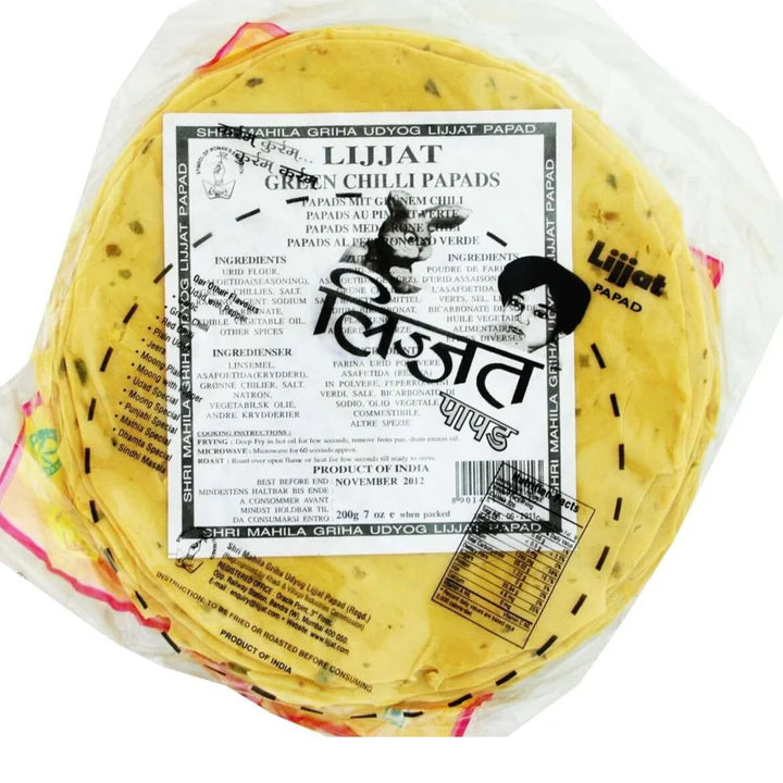 Green Chili Papadum | Papad Green Chilli 200g Lijjat